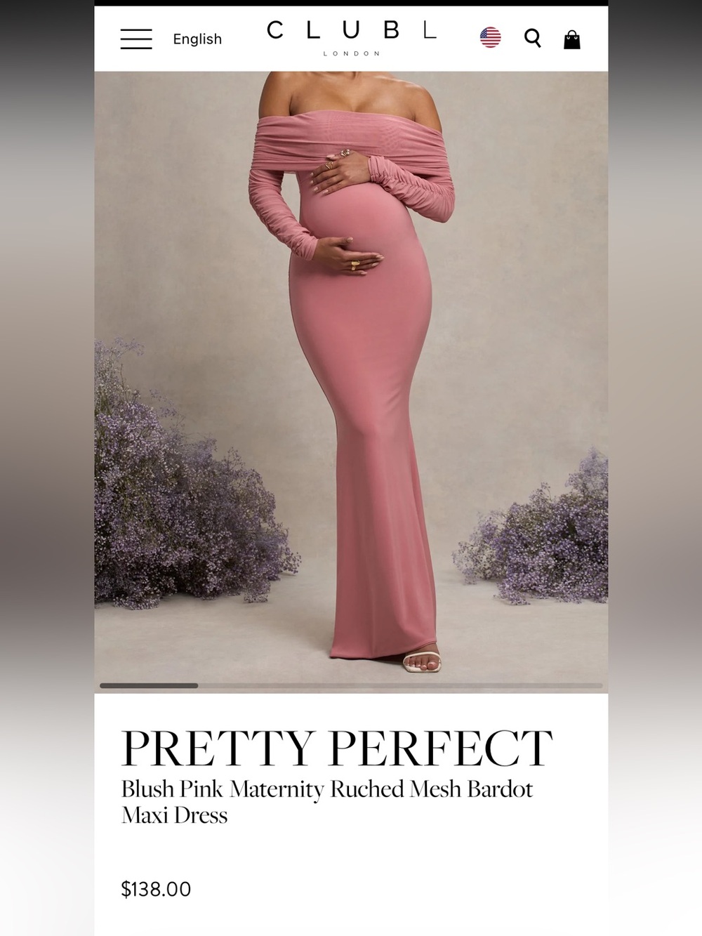 Club L London Blush Pink Maternity Bardot Maxi Dress